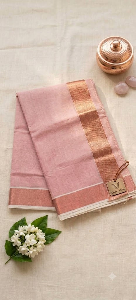 Dusty Pink Linen Saree with Metallic Copper Zari Border