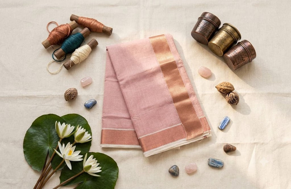 Dusty Pink Linen Saree with Metallic Copper Zari Border
