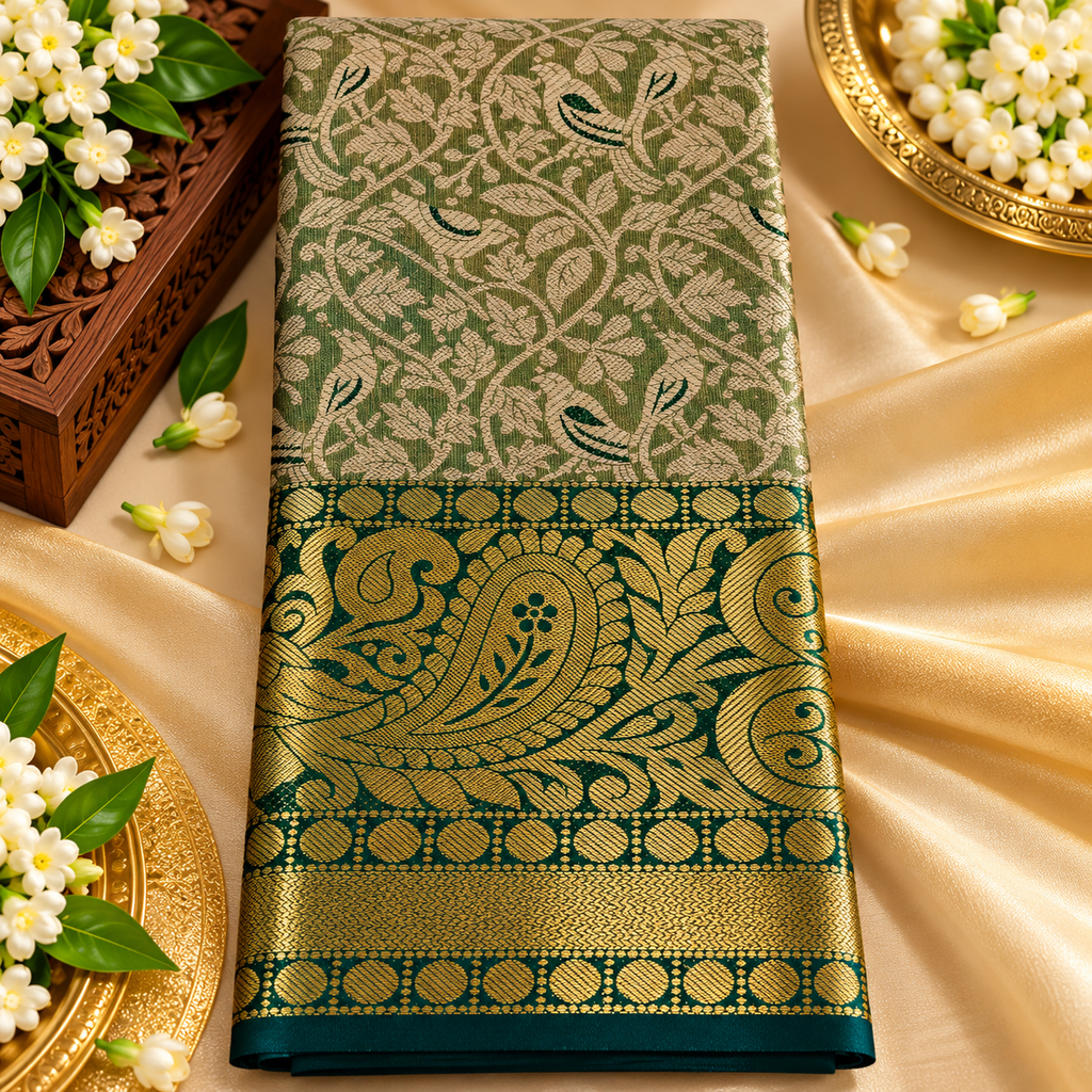Majestic Green and Gold Silk Saree