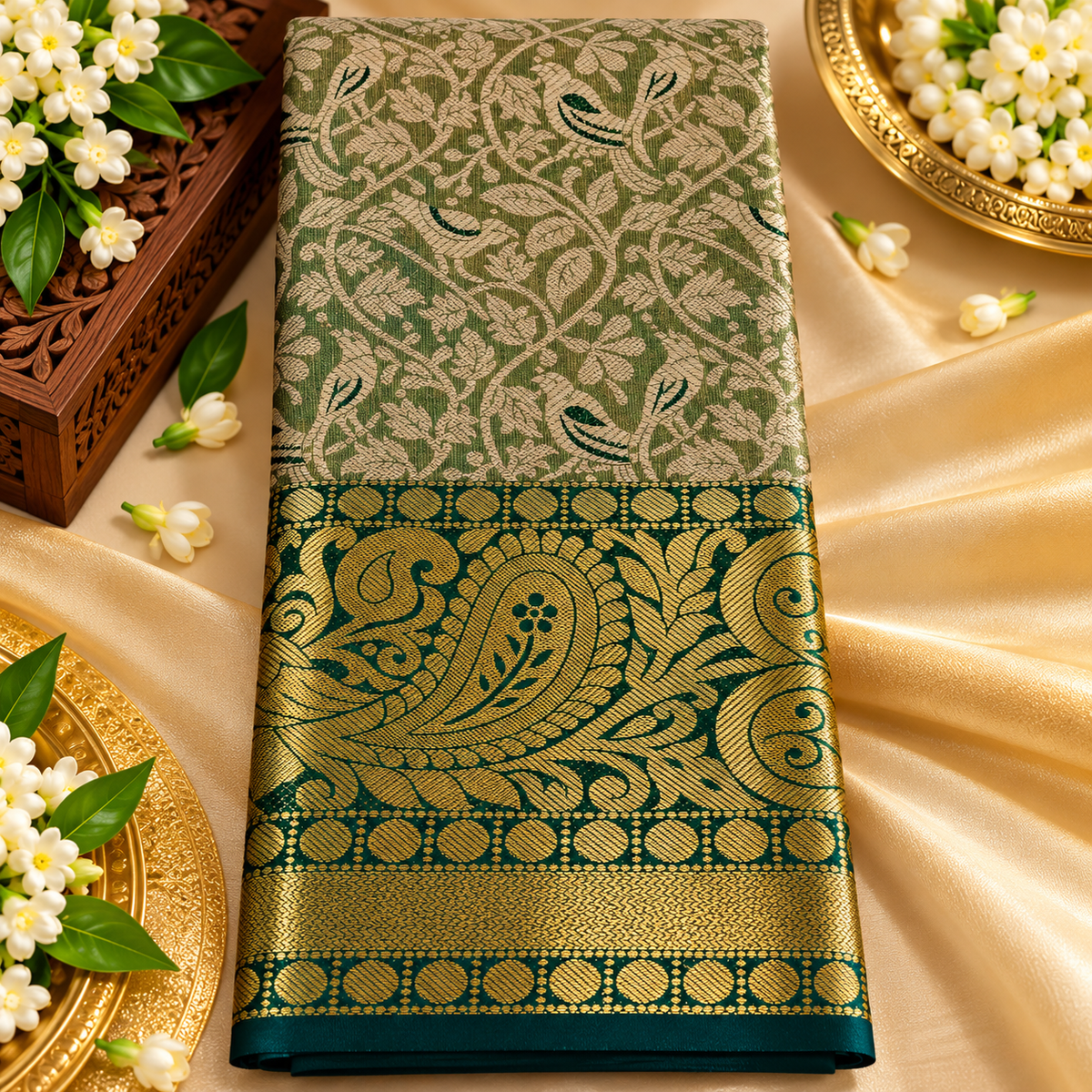 Majestic Green and Gold Silk Saree