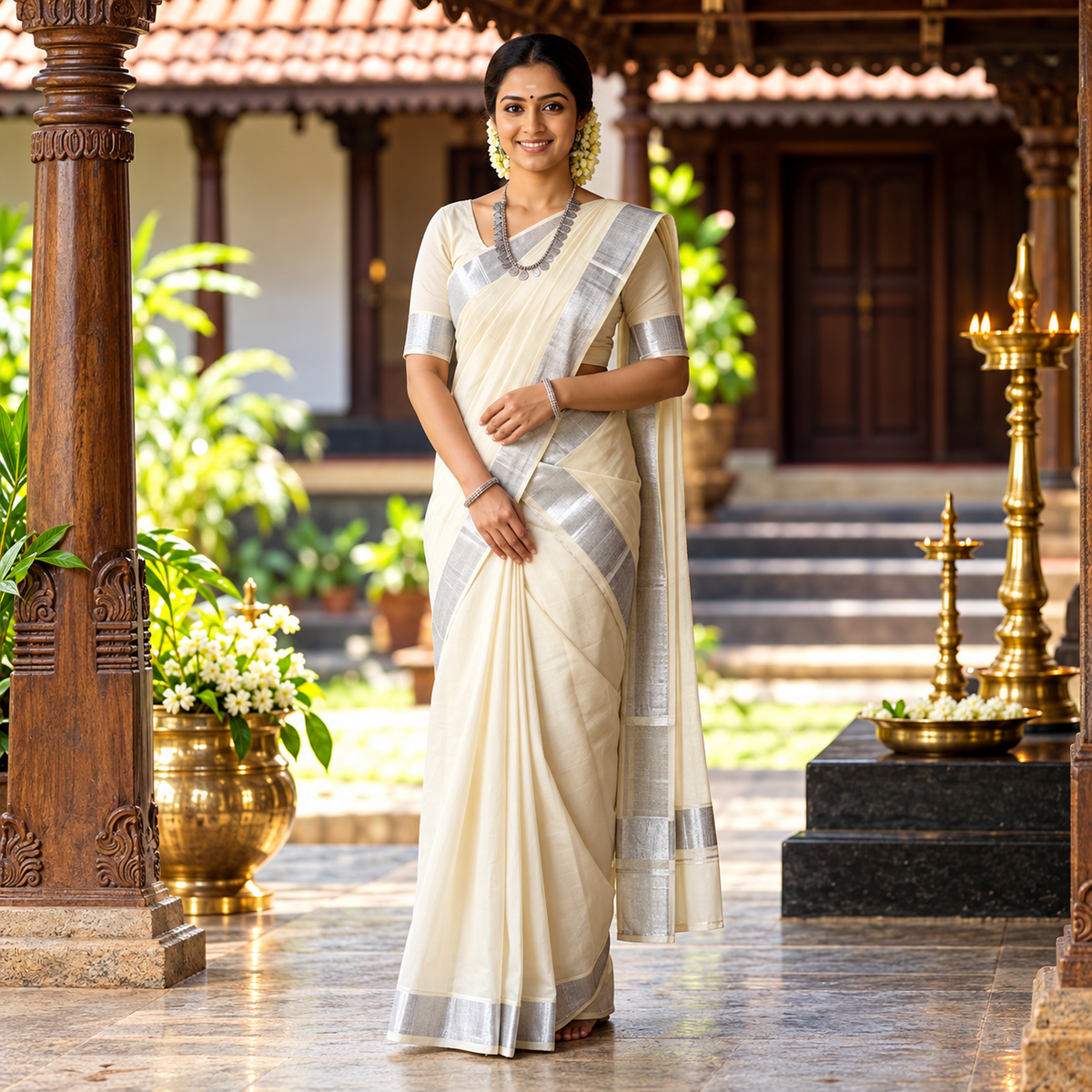 Elegant Off-White and Silver Zari Kasavu Saree