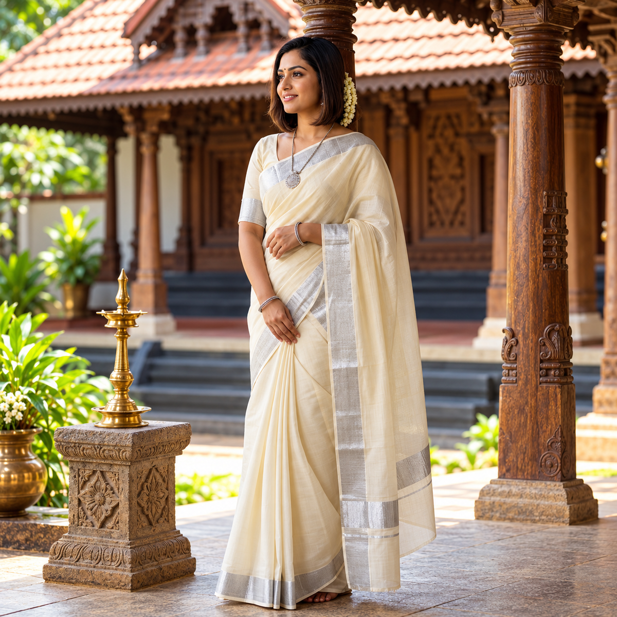 Elegant Off-White and Silver Zari Kasavu Saree