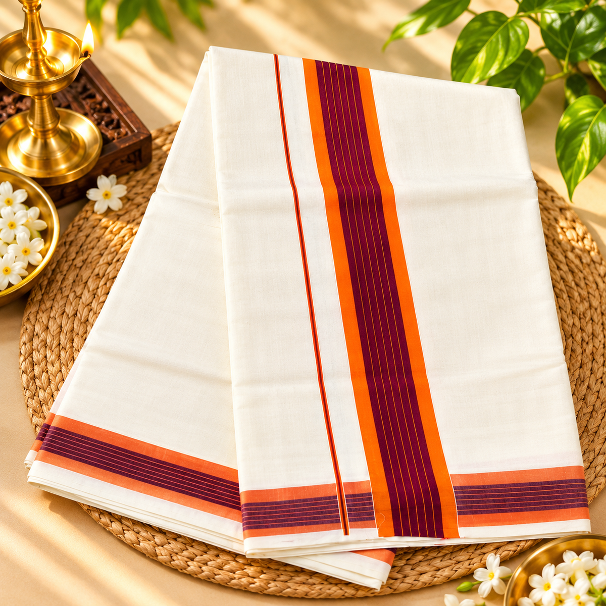 Traditional Kerala Handloom Cotton Saree with Maroon & Orange Kara Border