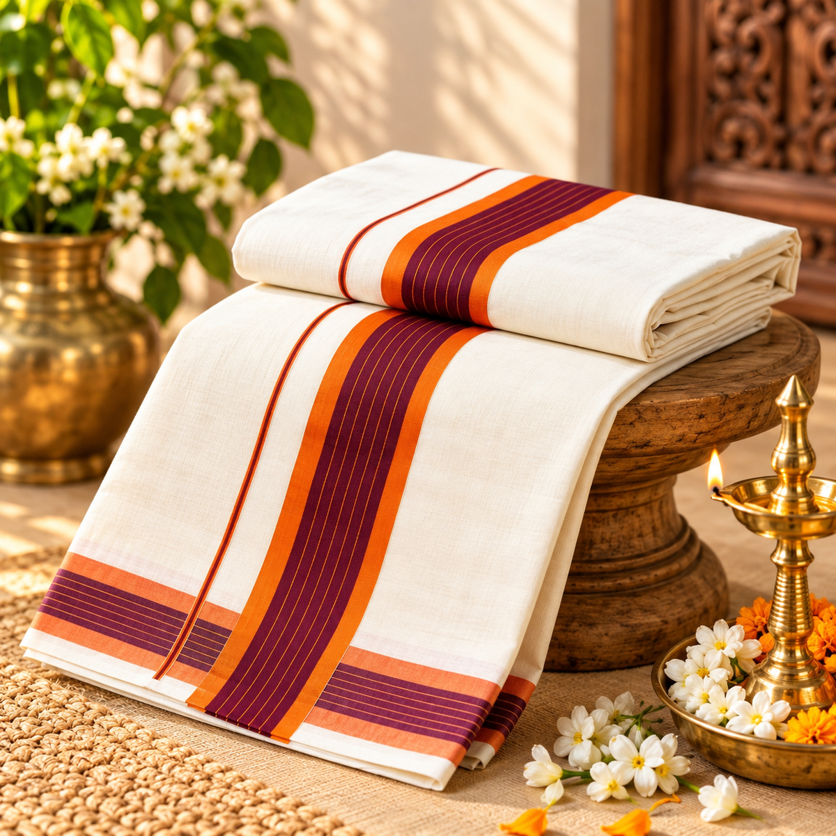 Traditional Kerala Handloom Cotton Saree with Maroon & Orange Kara Border