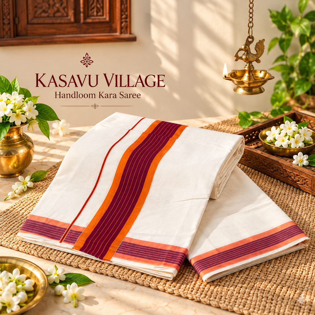 Traditional Kerala Handloom Cotton Saree with Maroon & Orange Kara Border