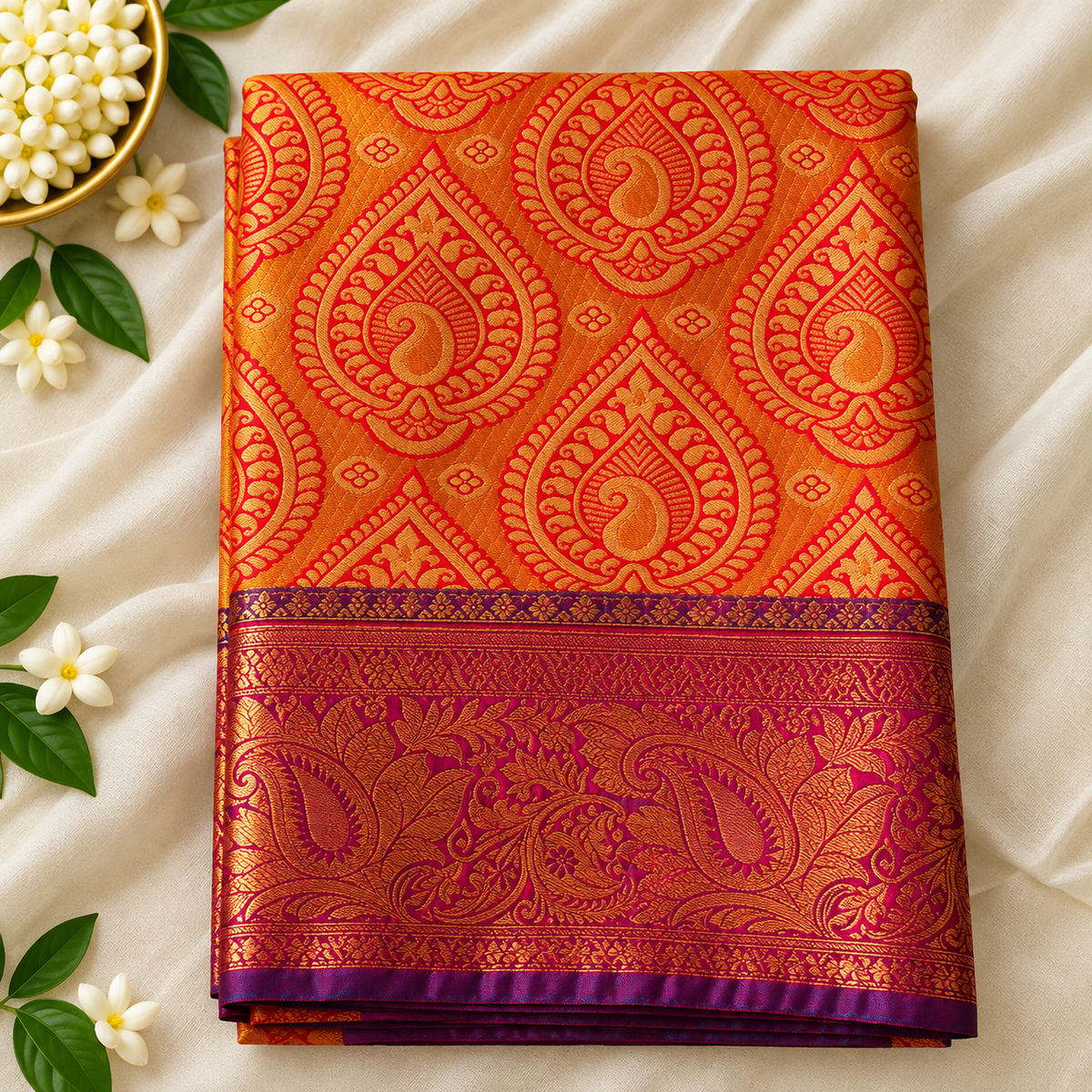 Bridal Orange & Gold Silk Saree with Rich Zari Paisley Border