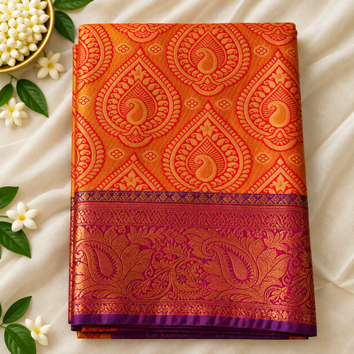 Bridal Orange & Gold Silk Saree with Rich Zari Paisley Border