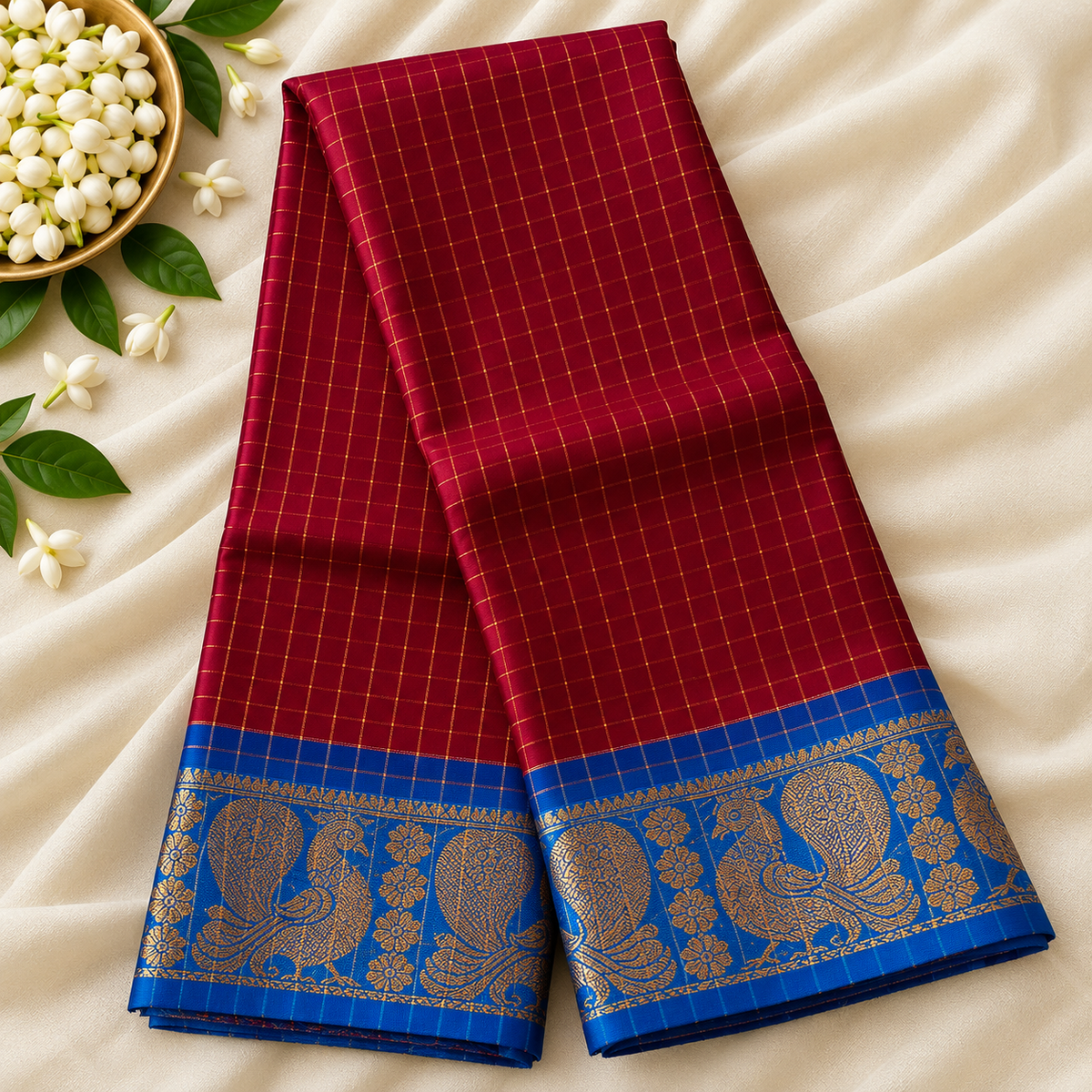 Royal Purple & Maroon Vira Oosi Pattu Saree with Peacock Zari Border
