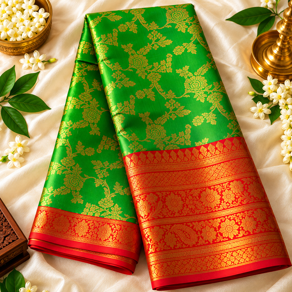Elegant Golden Tissue Silk Saree with Rich Green Zari Border