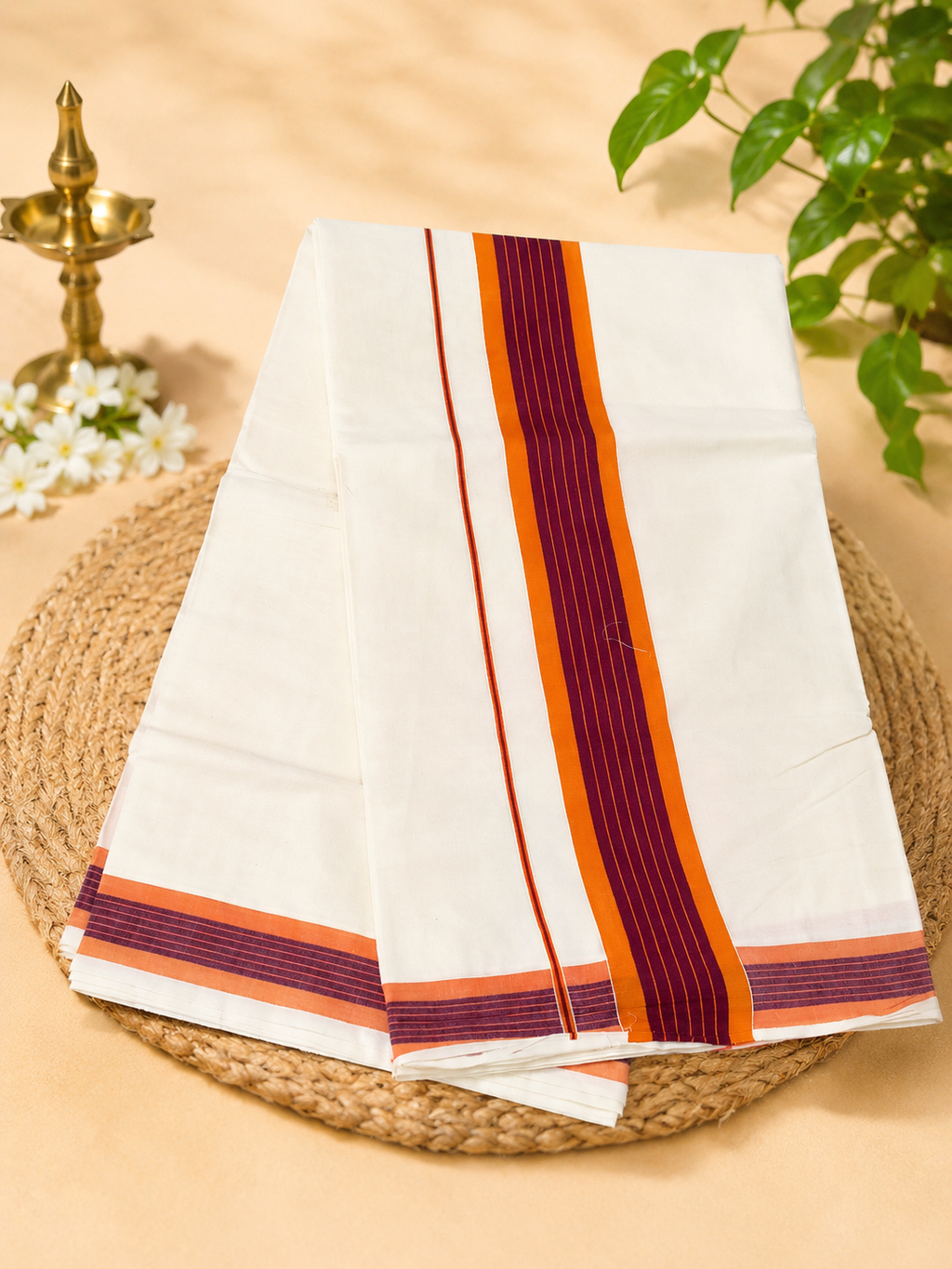 Traditional Kerala Handloom Cotton Saree with Maroon & Orange Kara Border