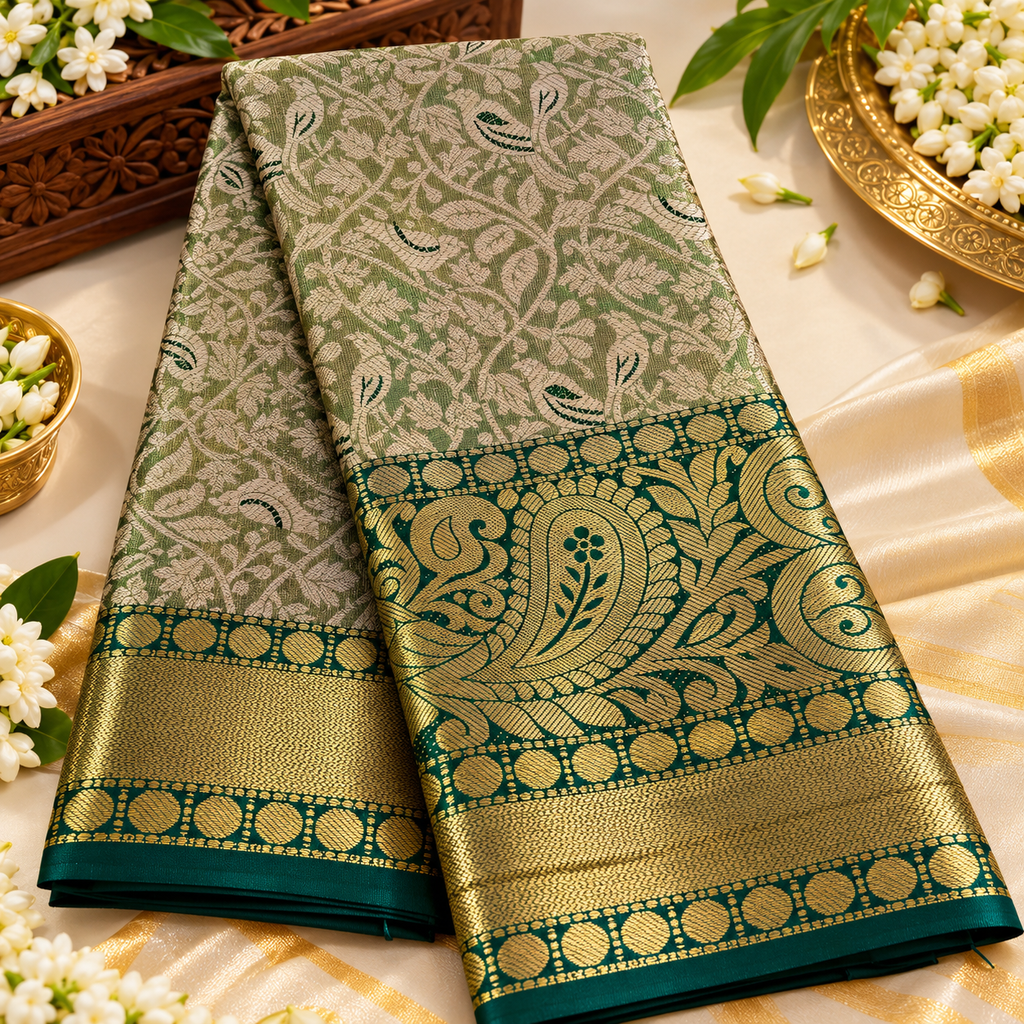 Majestic Green and Gold Silk Saree
