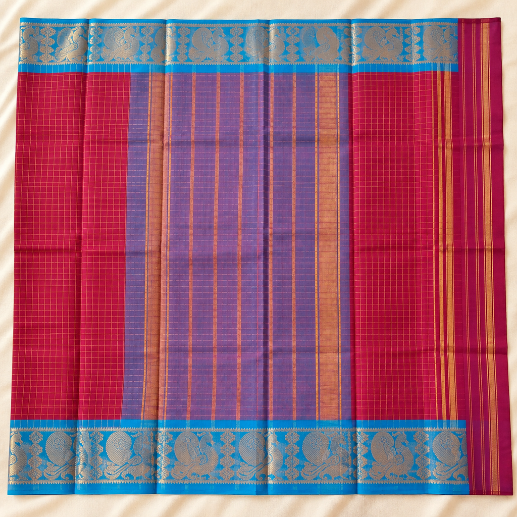 Royal Purple & Maroon Vira Oosi Pattu Saree with Peacock Zari Border