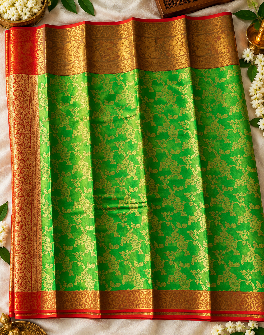 Elegant Golden Tissue Silk Saree with Rich Green Zari Border