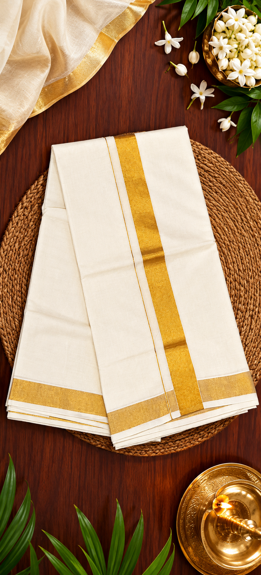 Classic Handloom Kerala Kasavu Cotton Saree with Golden Zari Border
