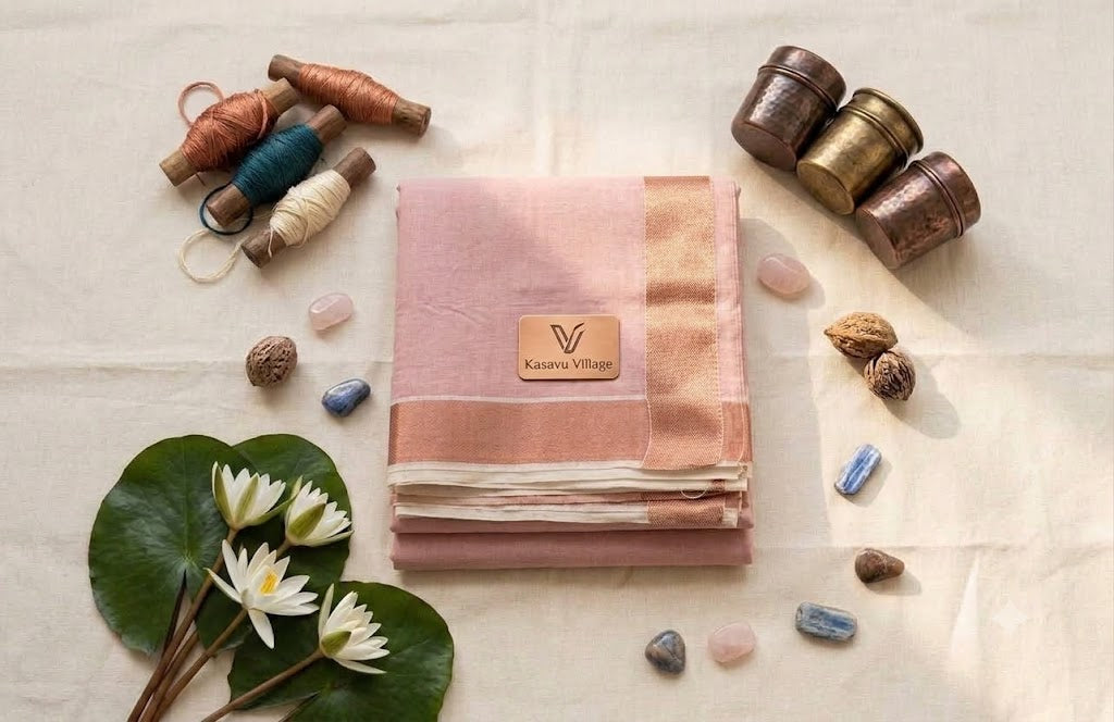 Dusty Pink Linen Saree with Metallic Copper Zari Border
