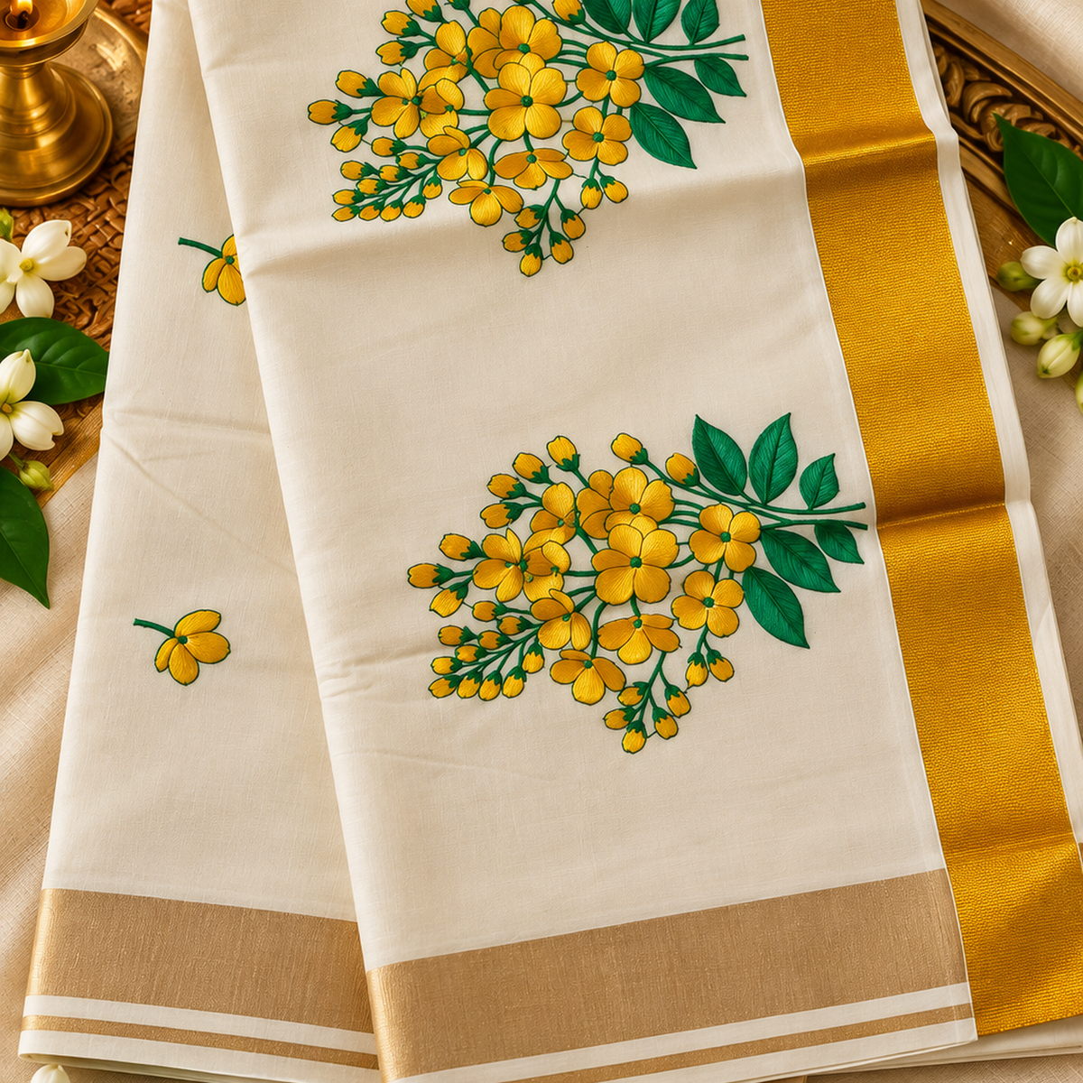 Elegant Kerala Kasavu Saree with Floral Embroidery & Golden Zari Border