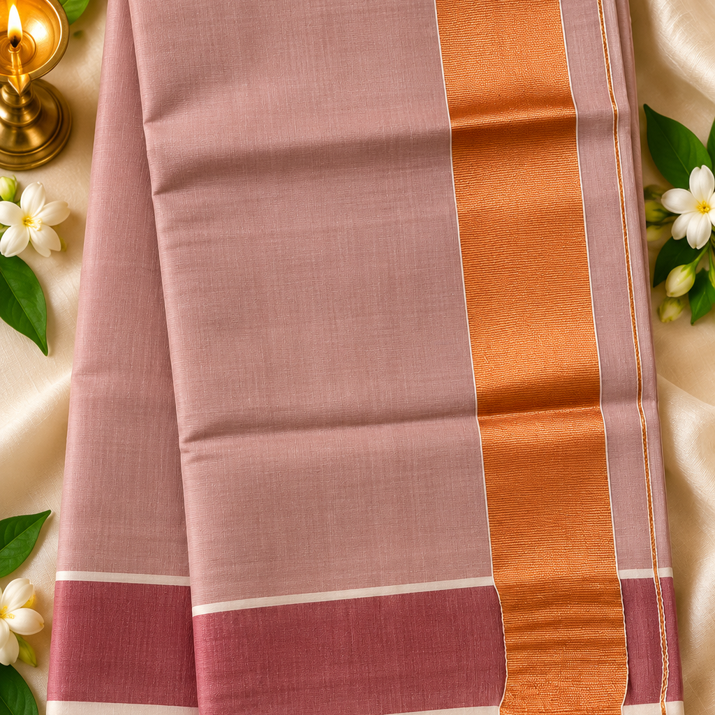 Dusty Pink Linen Saree with Metallic Copper Zari Border