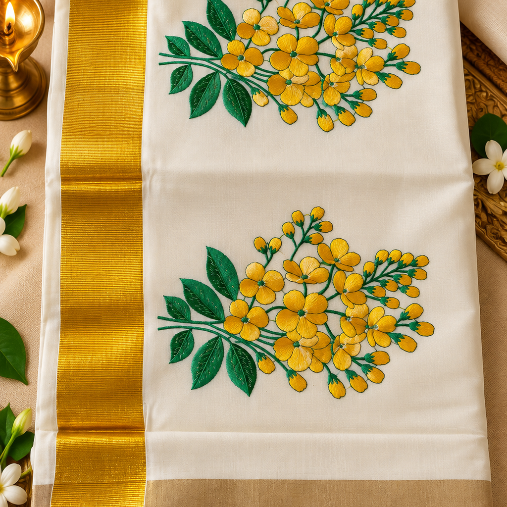 Elegant Kerala Kasavu Saree with Floral Embroidery & Golden Zari Border