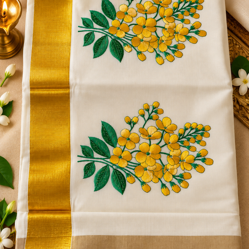 Elegant Kerala Kasavu Saree with Floral Embroidery & Golden Zari Border