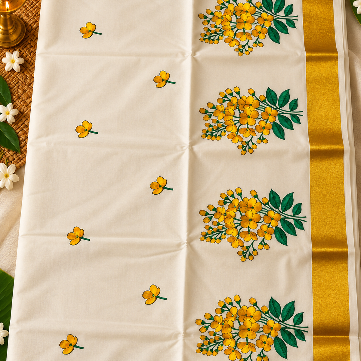 Elegant Kerala Kasavu Saree with Floral Embroidery & Golden Zari Border