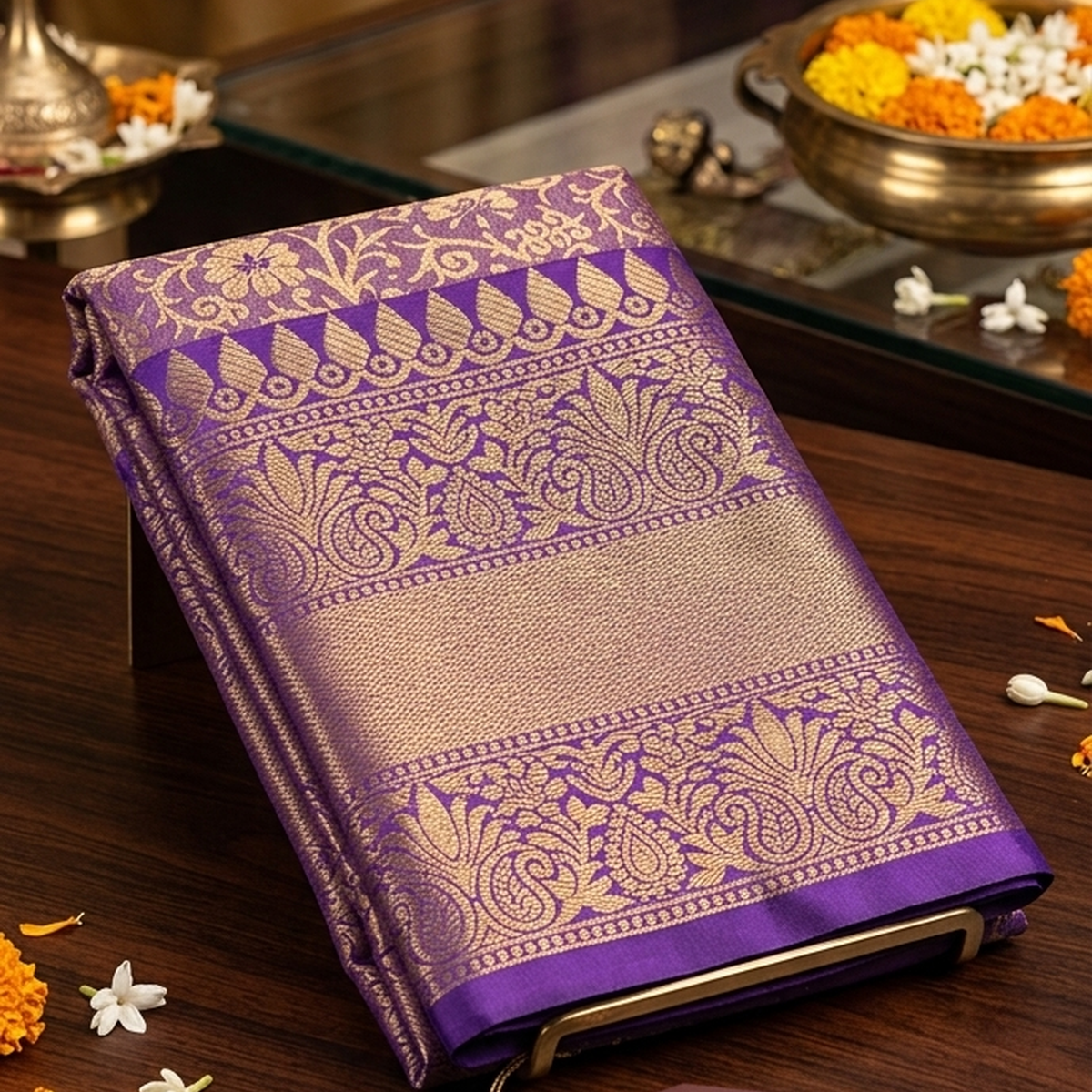 Elegant Royal Purple Kanchipuram Silk Saree with Gold Brocade