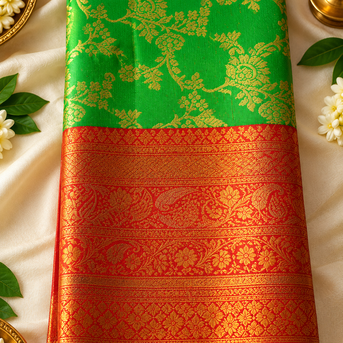 Elegant Golden Tissue Silk Saree with Rich Green Zari Border