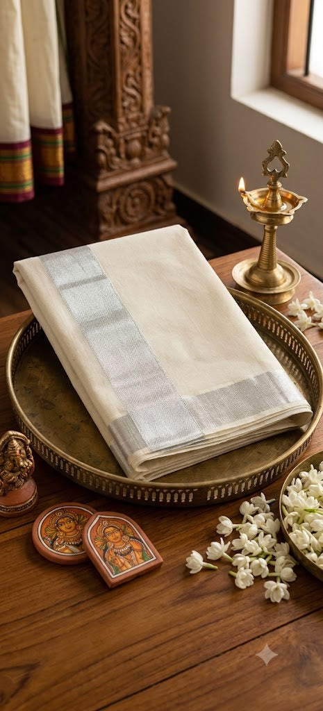 Elegant Off-White and Silver Zari Kasavu Saree