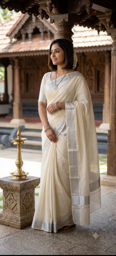 Elegant Off-White and Silver Zari Kasavu Saree