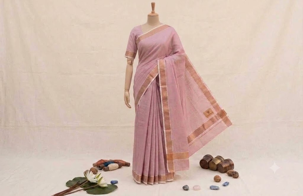 Dusty Pink Linen Saree with Metallic Copper Zari Border