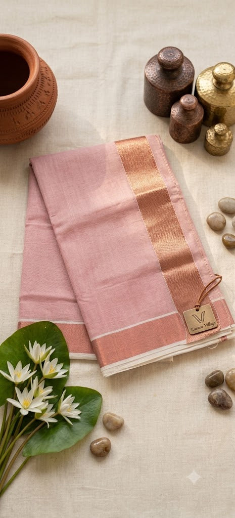 Dusty Pink Linen Saree with Metallic Copper Zari Border