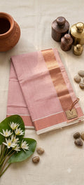 Dusty Pink Linen Saree with Metallic Copper Zari Border