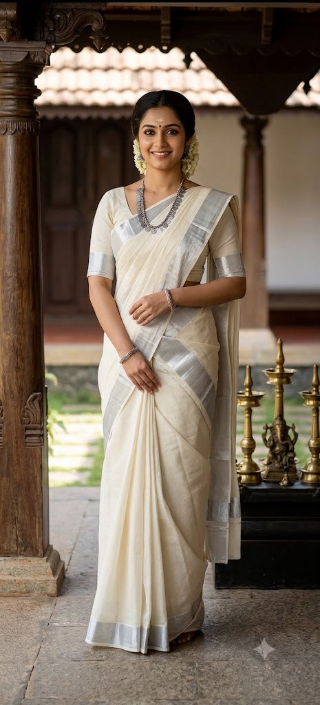 Elegant Off-White and Silver Zari Kasavu Saree