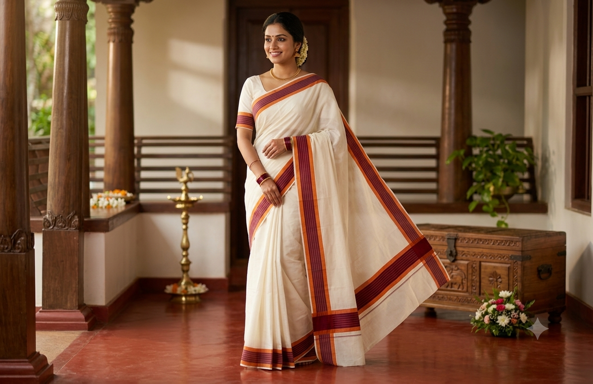 Traditional Kerala Handloom Cotton Saree with Maroon & Orange Kara Border