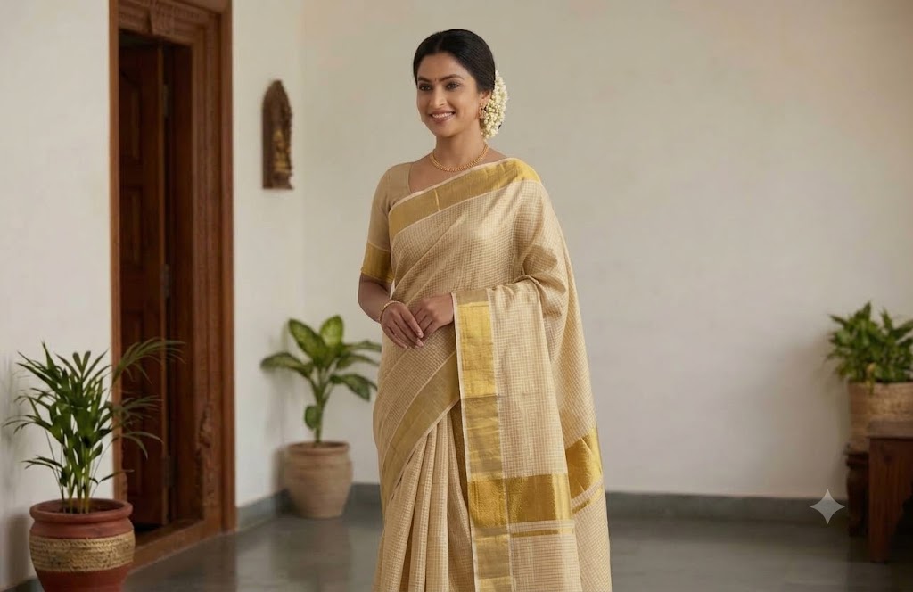 The Traditional Kerala Tissue Kasavu Saree