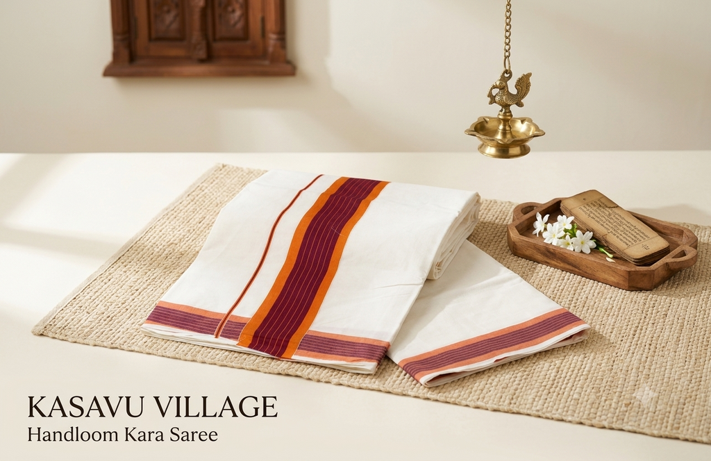 Traditional Kerala Handloom Cotton Saree with Maroon & Orange Kara Border