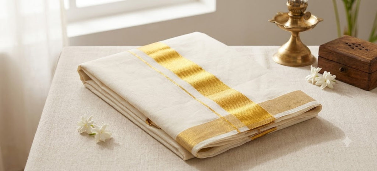 Classic Handloom Kerala Kasavu Cotton Saree with Golden Zari Border