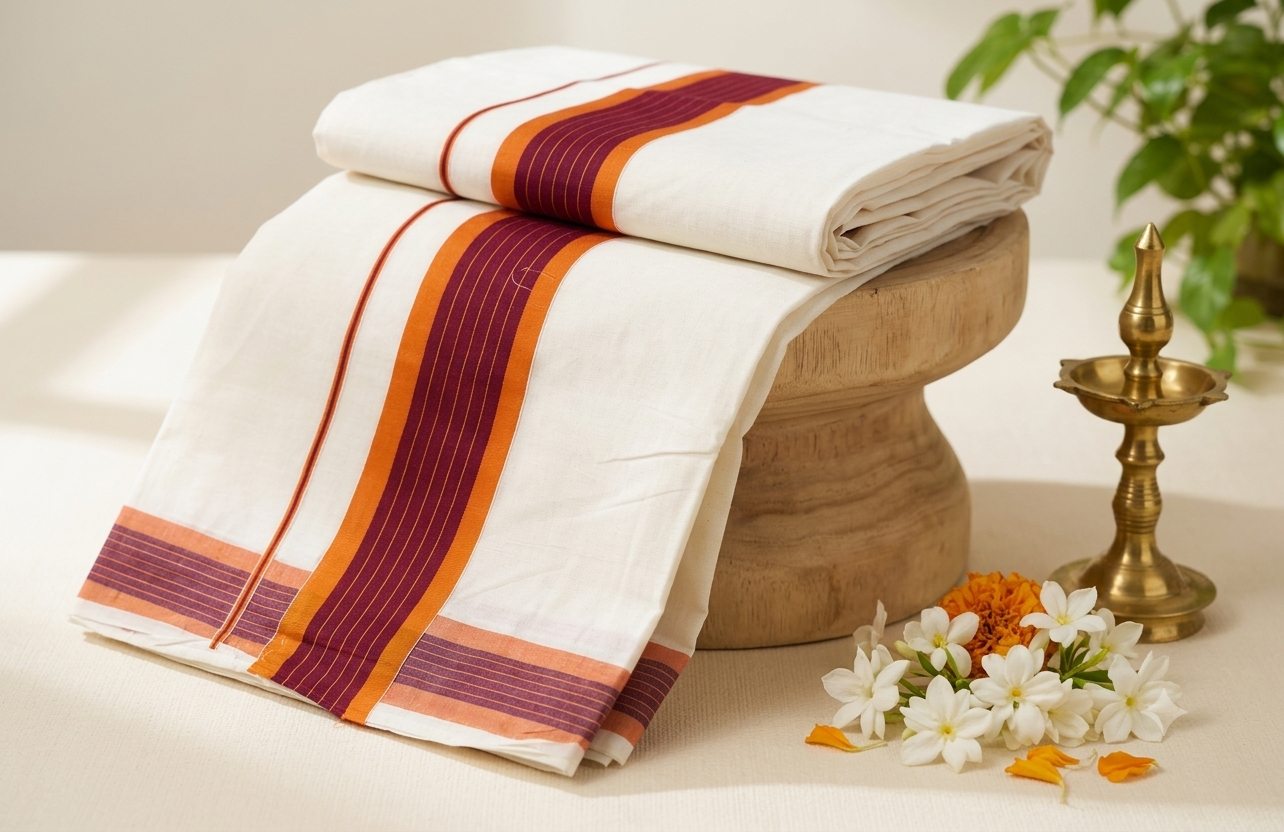 Traditional Kerala Handloom Cotton Saree with Maroon & Orange Kara Border